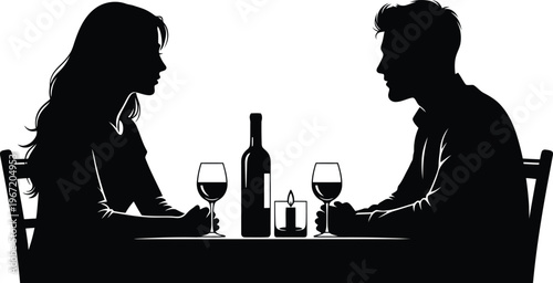 A silhouette illustration of a man and woman enjoying a romantic candlelit dinner with wine.