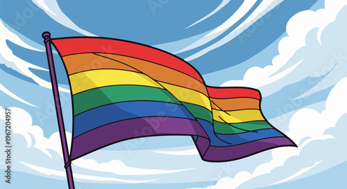 Rainbow flag waving proudly in a sky filled with fluffy white clouds