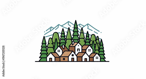 Cluster of homes nestled among evergreen trees with mountain backdrop
