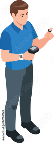 Isometric Warehouse Worker using Smart Ring Scanner and Handheld Terminal for Inventory Management and Logistics Vector Illustration