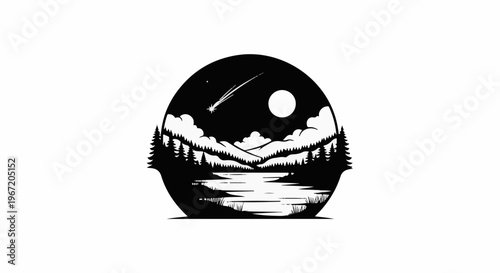 Night sky with shooting star over mountains, lake, and trees