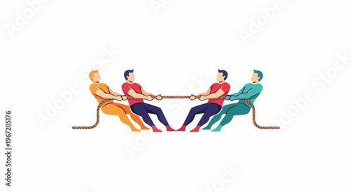 Four people in a tug-of-war competition, two on each side, pulling a rope