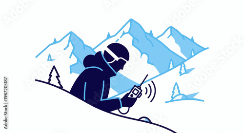 Person in winter gear using walkie-talkie on snowy mountain slope