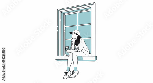 Person in hat sits on windowsill holding a cup, looking away
