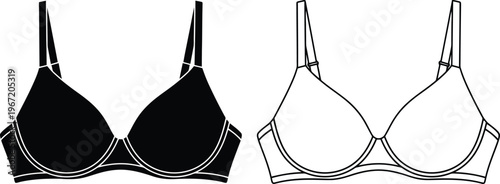 A black and white line art illustration of a women's bra, featuring two versions of the same design