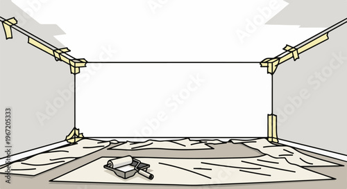 Room corners taped, drop cloths on floor, roller and tray ready for painting