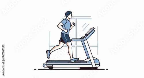 Man jogging on treadmill indoors in front of a window