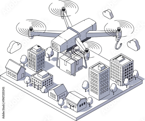 Isometric Line Art Illustration of a Delivery Drone Carrying a Package over a Miniature City for Logistics and Smart City Concepts
