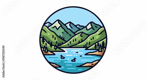Serene mountainous lake scene with ducks swimming
