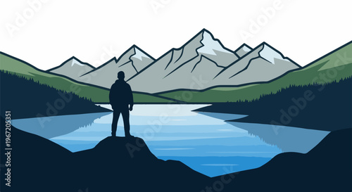 Silhouette gazes at serene lake reflecting majestic, snow-capped mountains