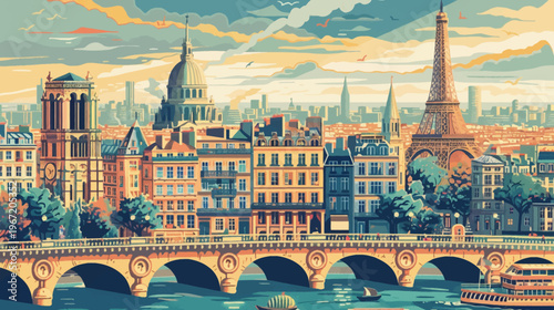 Stylized illustration of a cityscape with prominent landmarks under a cloudy sky