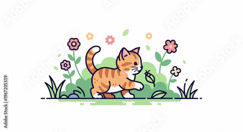 Cute orange tabby kitten exploring a garden with flowers and a bug