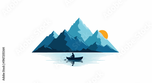 Lone figure rows a boat across a lake towards jagged mountains at sunset