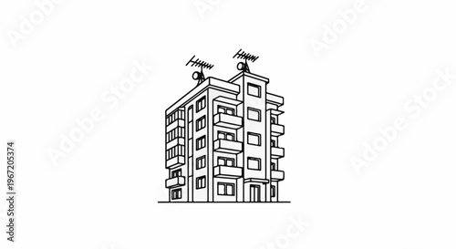 Line art drawing of a multi-story apartment building with balconies and antennae