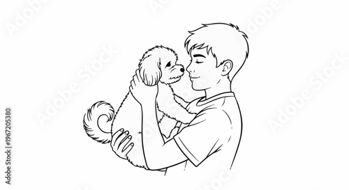 Joyful boy tenderly holds fluffy dog, noses touching