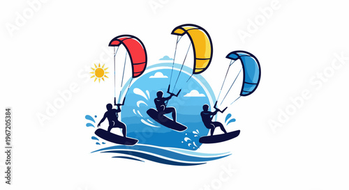 Silhouettes of kitesurfers riding waves under a sunny sky