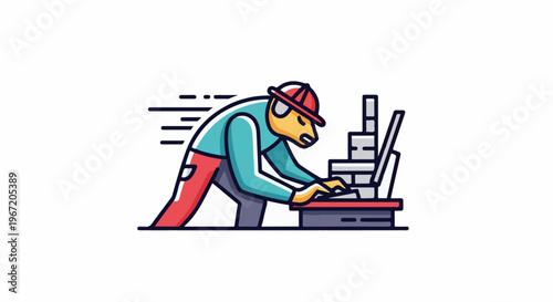 Animated character in construction gear rapidly builds a wall with bricks