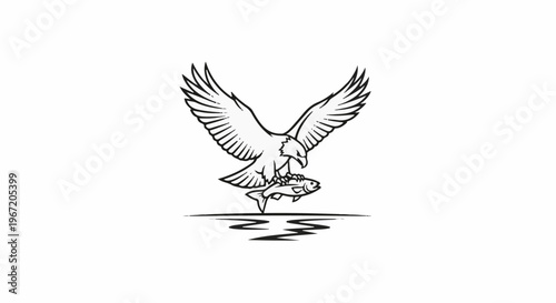 An eagle with outstretched wings clutches a fish, poised above water