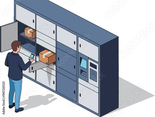 Isometric illustration of a man using a smartphone to pick up a package from an automated parcel locker. Smart delivery and e-commerce logistics concept.