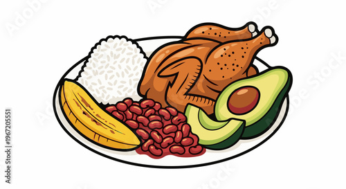 Plated meal with roasted chicken, rice, beans, plantain, and avocado slices