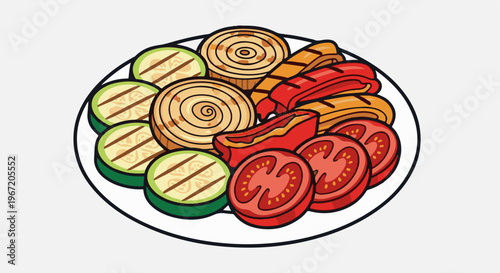 Plate of grilled vegetables and sausages