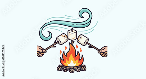 Hands roast marshmallows over a campfire with wavy lines above