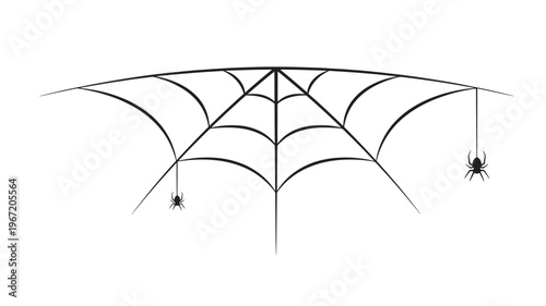 Spider web with two small spiders hanging from threads, a classic Halloween and autumn motif, isolated on white background