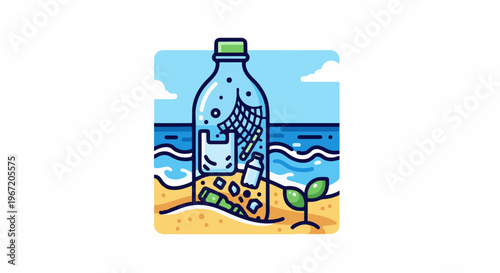 Plastic bottle on beach catches pollution, with sprout growing