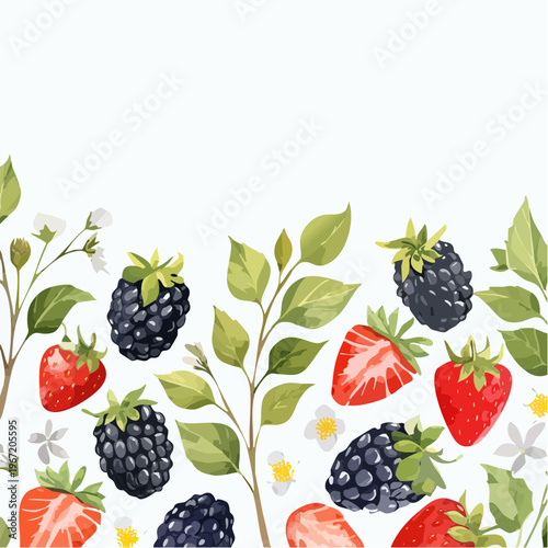 Aquarell-Sommer-Rahmen ohne Naht mit Brombeer- und Erdbeerzweigen – romantische florale Bordüre