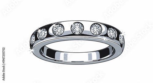 Polished metal ring with sparkling round-cut clear gemstones embedded in setting