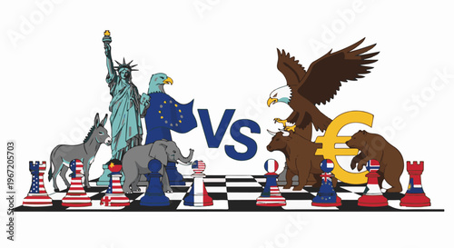 Political chessboard with symbolic animals and statues representing global powers