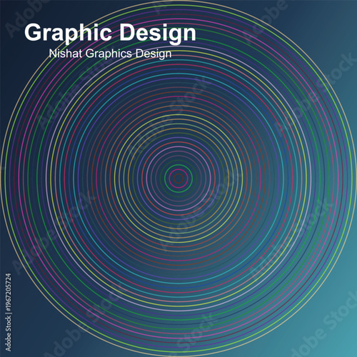 Concentric multicolored circular waves on gradient blue background