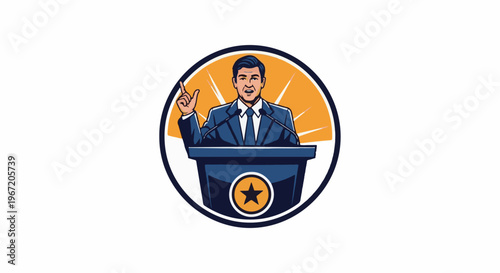 Politician speaking from a podium with a star emblem, radiating light