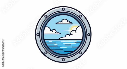 Porthole view of a sunny ocean and sky with clouds