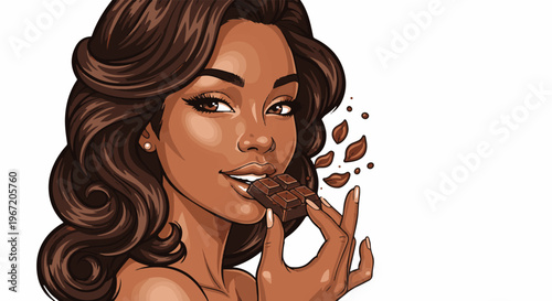 Portrait of a dark-skinned woman with brown hair eating a piece of dark chocolate
