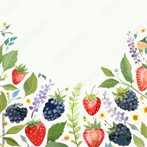 Aquarell-Sommer-Rahmen ohne Naht mit Brombeer- und Erdbeerzweigen – romantische florale Bordüre