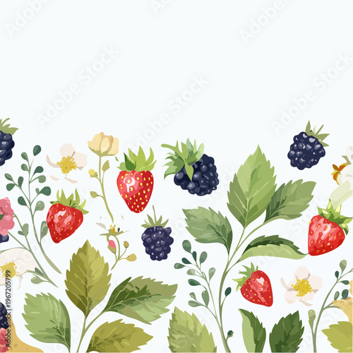 Aquarell-Sommer-Rahmen ohne Naht mit Brombeer- und Erdbeerzweigen – romantische florale Bordüre