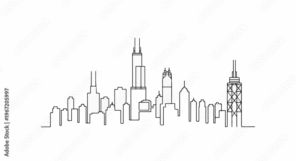 Fototapeta premium Stylized black and white line drawing of a city skyline with skyscrapers
