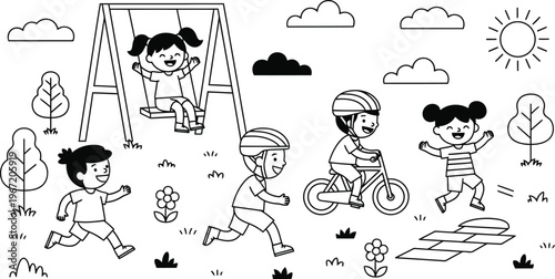 A delightful black and white illustration of children playing and having fun in a sunny park setting.