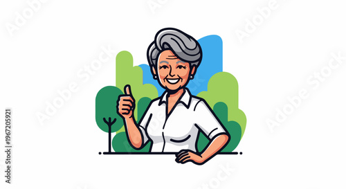 Cheerful elderly woman in a white shirt gives a thumbs up