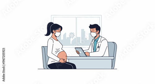 Pregnant patient consults doctor wearing masks with virus symbol