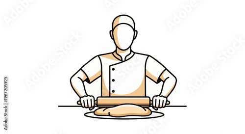 Stylized baker in chef's attire flattens dough with a rolling pin