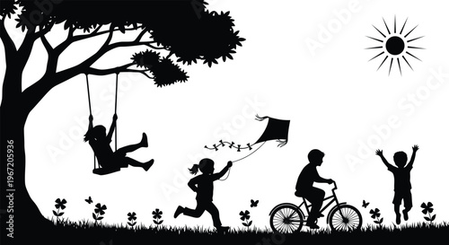 Silhouette illustration of children playing and having fun in a park on a sunny day.
