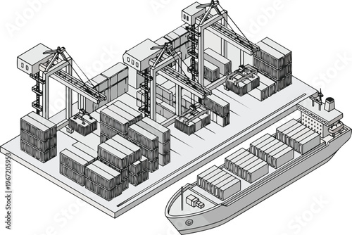Isometric line art illustration of a container port terminal with cargo ship, gantry cranes, and shipping containers for global logistics and trade concepts.
