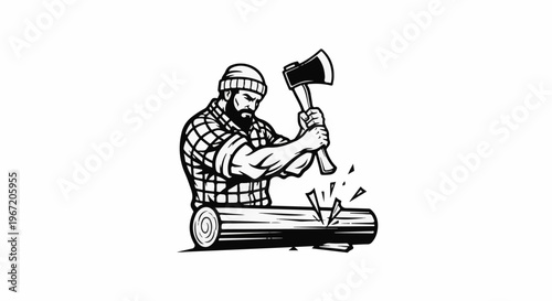 Muscular man chops wood with axe, wood chips fly