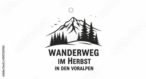 Mountain landscape with trees and text in black and white