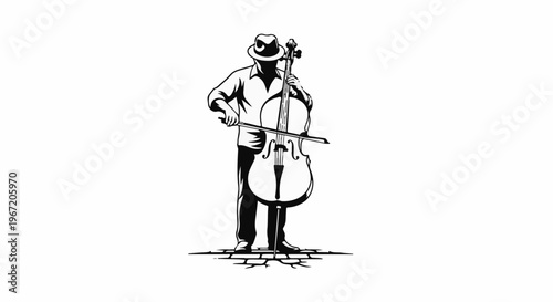 Stylized black and white graphic of a musician playing a cello on cobblestone