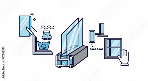Illustration shows window cleaning, assembly and installation process