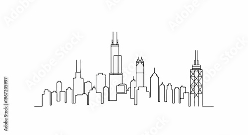 Stylized black and white line drawing of a city skyline with skyscrapers