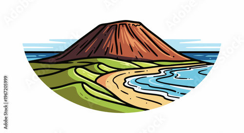 Stylized conical mountain overlooking sandy beach and blue ocean waves